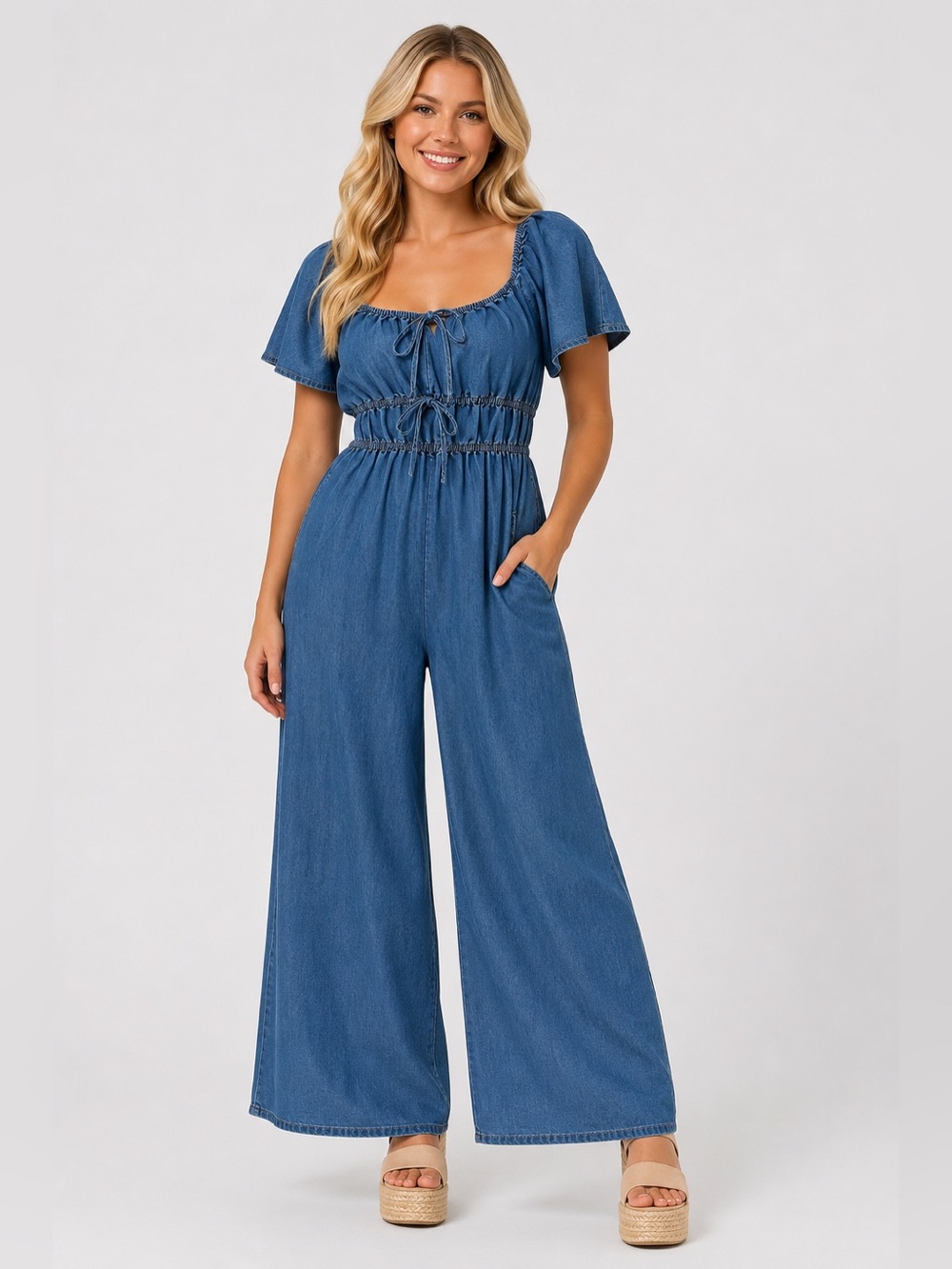 INDULGE IN STYLE Chambray Tie Front Wide Leg Jumpsuit NWT